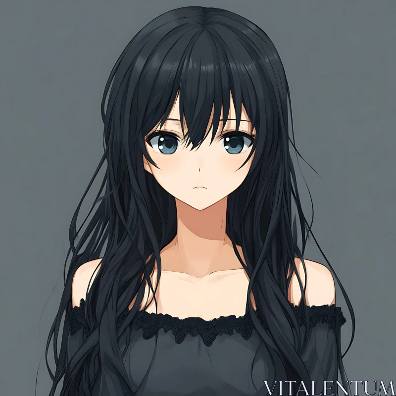 Long-Haired Anime Girl with Blue Eyes in Dark Attire AI Image