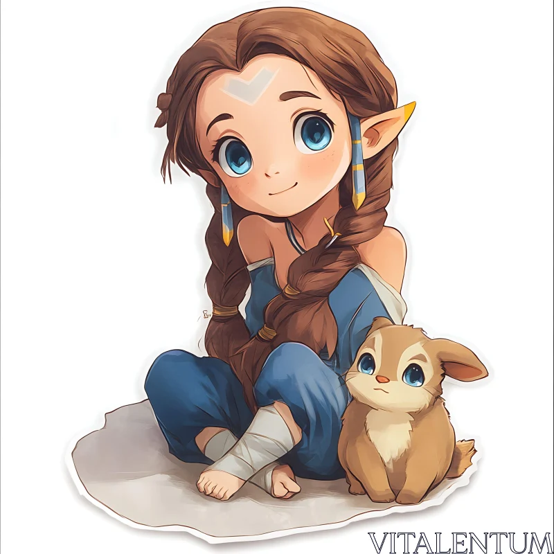 Animated Young Girl with Pet AI Image