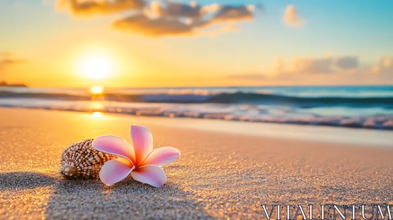 Tropical Beach Sunset with Pink Flower AI Image