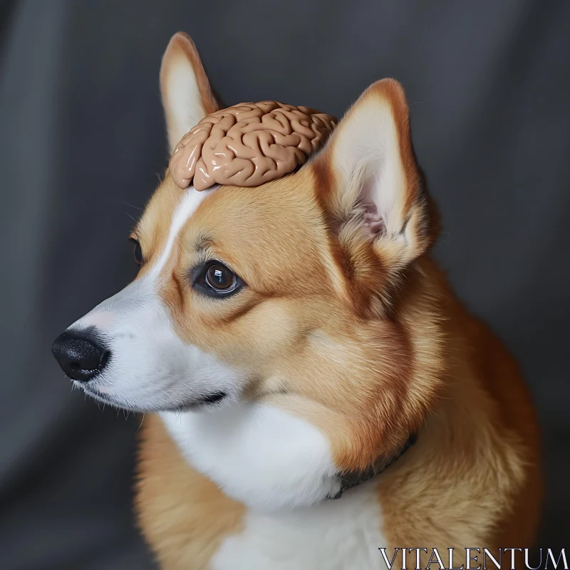 Corgi with Brain Hat - Conceptual Animal Art AI Image