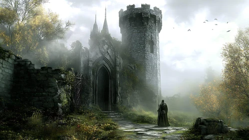 Foggy Medieval Castle with Lone Figure