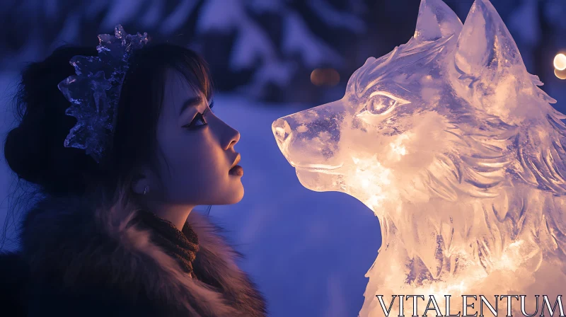 Enchanting Encounter with Wolf Ice Sculpture AI Image