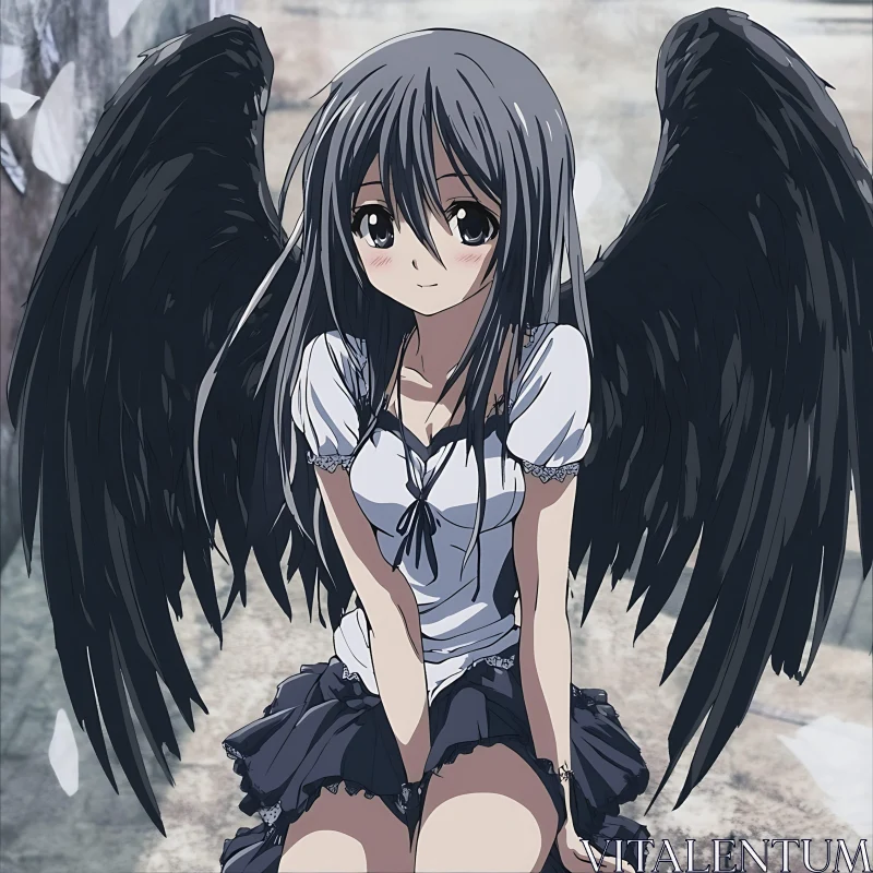 Enchanting Anime Girl with Radiant Black Wings AI Image