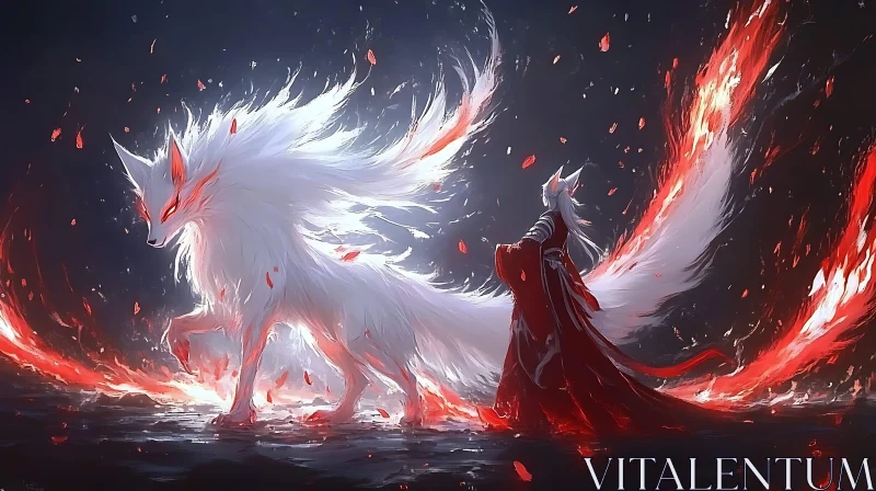 Epic Scene of White Fox with Flames AI Image