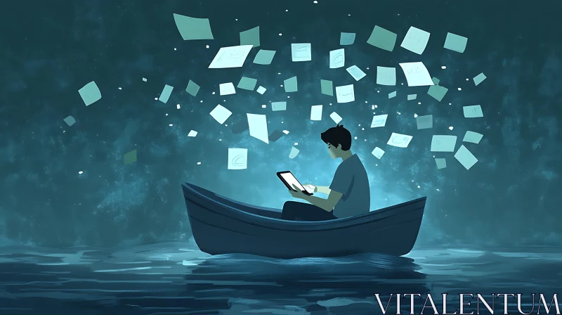 AI ART Man in Boat with Tablet and Papers