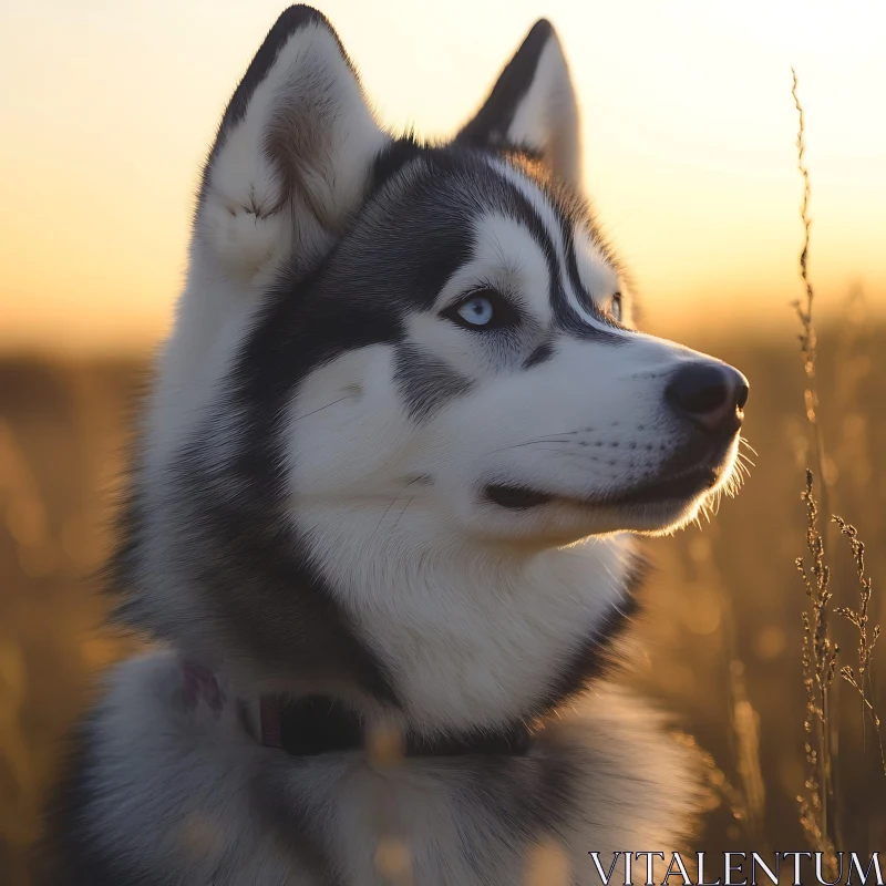 Husky Dog Gazing in Sunlit Field AI Image