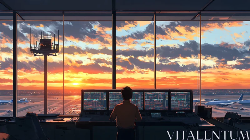 AI ART Sunset at the Airport Control Tower