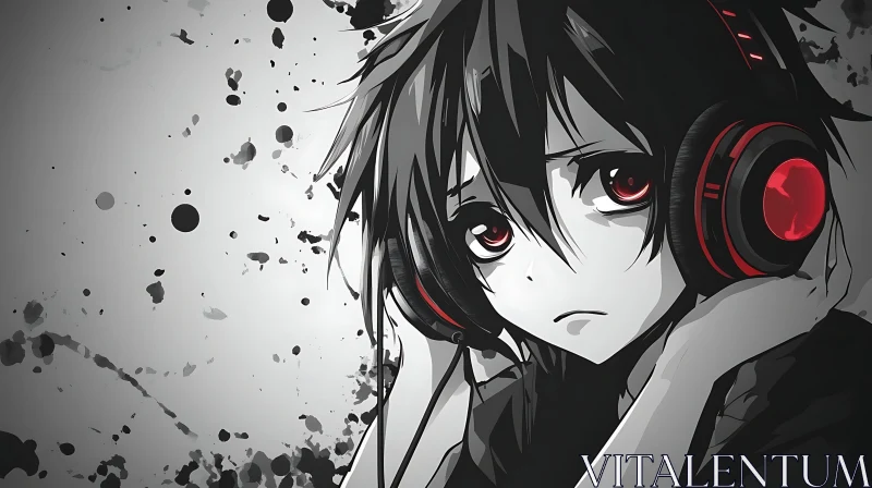 Contemplative Anime Character with Red Accented Headphones AI Image