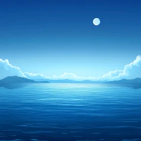 Blue Seascape with Moon Reflection