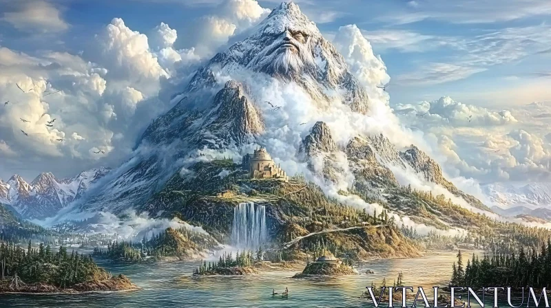 AI ART Mountain with Face Peak and Waterfall