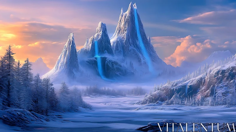 Icy Peaks and Frozen Falls: A Winter Scene AI Image