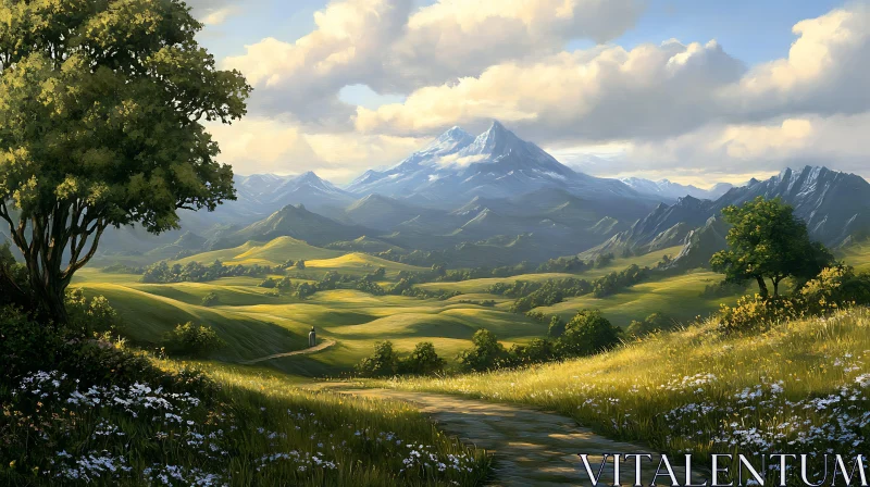 Green Hills and Distant Mountains AI Image