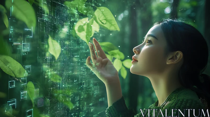 Woman Interacting with Digital Interface in Nature AI Image