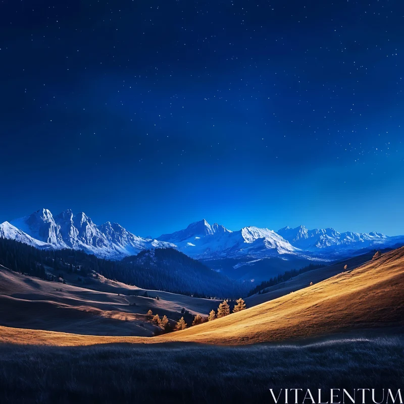 AI ART Snowy Peaks and Starry Night Landscape