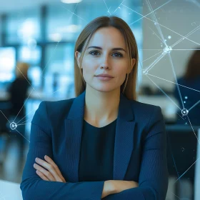Professional Woman with Digital Network Overlay