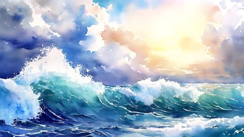 Seascape Watercolor Painting with Ocean Waves