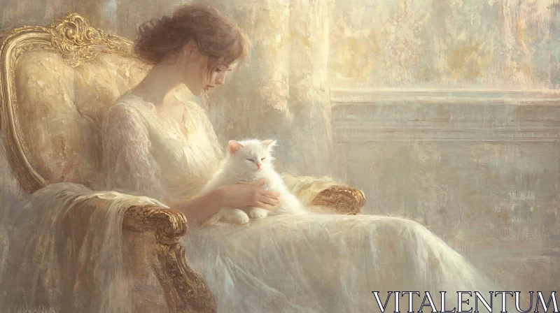 AI ART Gentle Woman and Cat in Elegant Interior