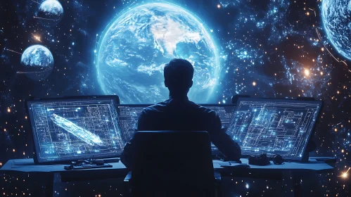 Silhouette Observing Earth on Monitors