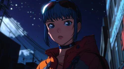 Blue-Haired Anime Character Under the Night Sky