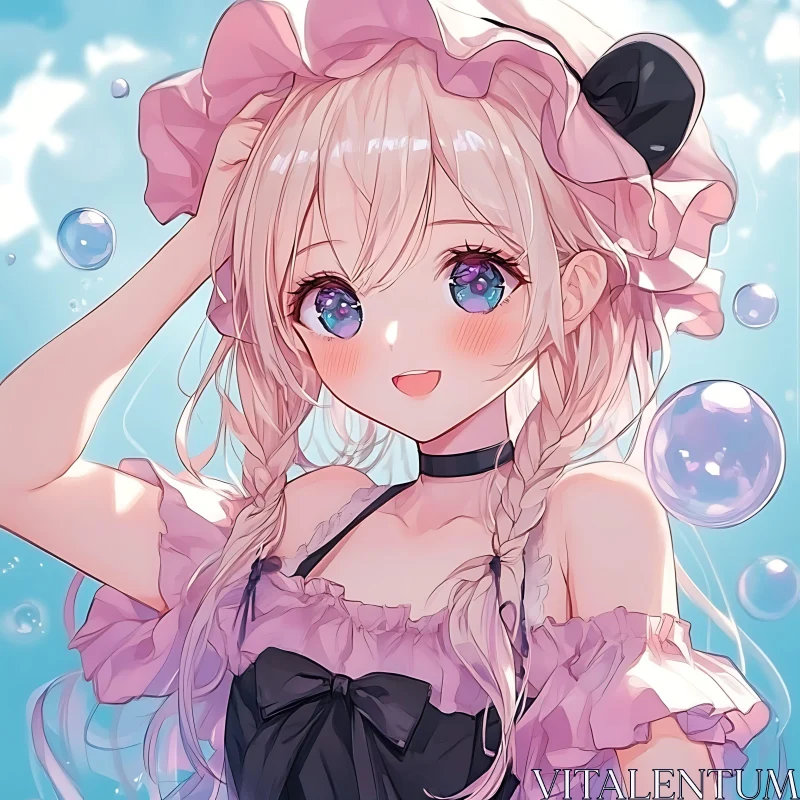 AI ART Cute Anime Girl with Sparkling Eyes and Bubbles