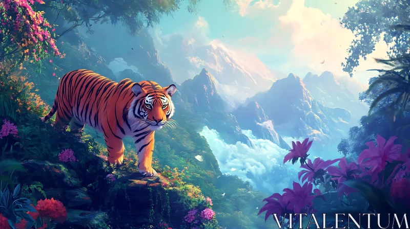 Majestic Tiger in a Floral Paradise AI Image