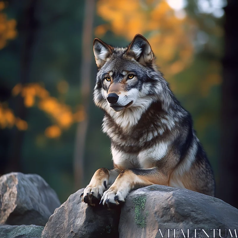 AI ART Wolf on Rocks in Autumn Forest