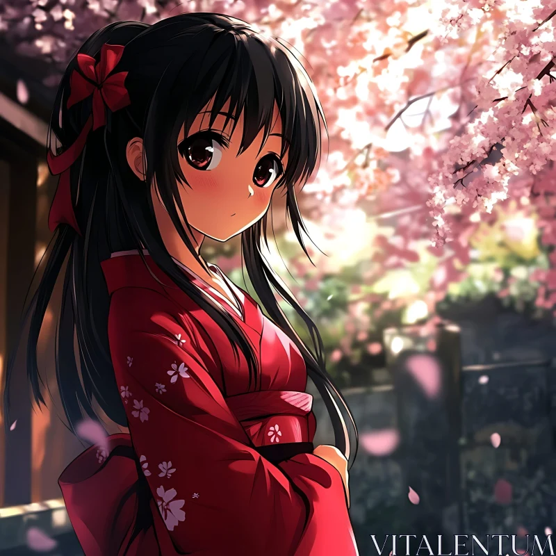 Springtime Anime Girl with Cherry Blossoms AI Image