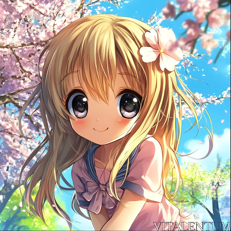 Cute Anime Girl in Springtime Blossom Scene AI Image