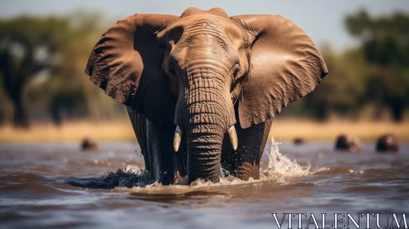Elegant Elephant Crossing River - An Emotive Wildlife Scene AI Image