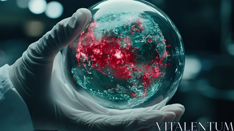 Glass Sphere with Teal and Red Swirls AI Image