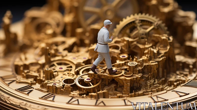 AI ART Miniature Gold Clock Design: Time in Motion