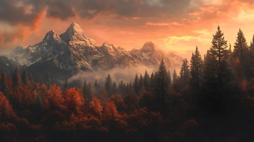 Snowy Peaks and Autumnal Forest Scenery