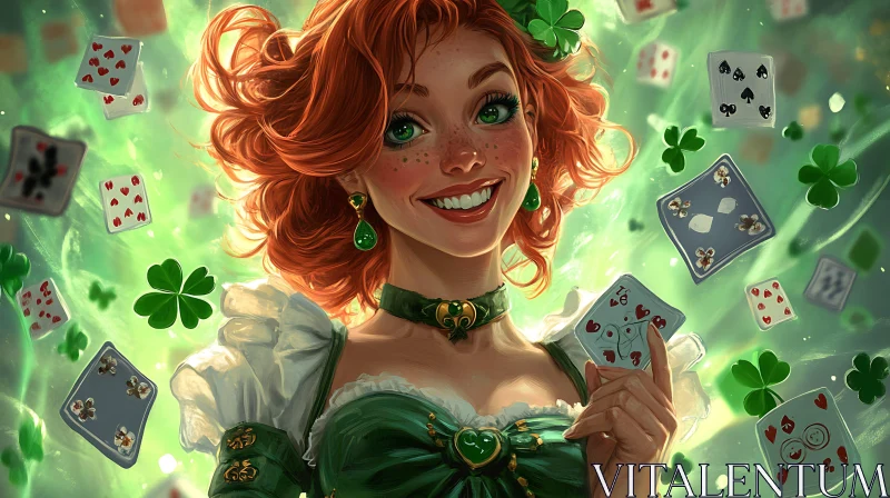 Charming Redhead in Green with Playing Cards AI Image