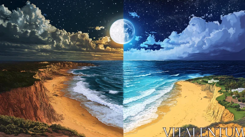 Coastal Contrast: Day Meets Night Art AI Image