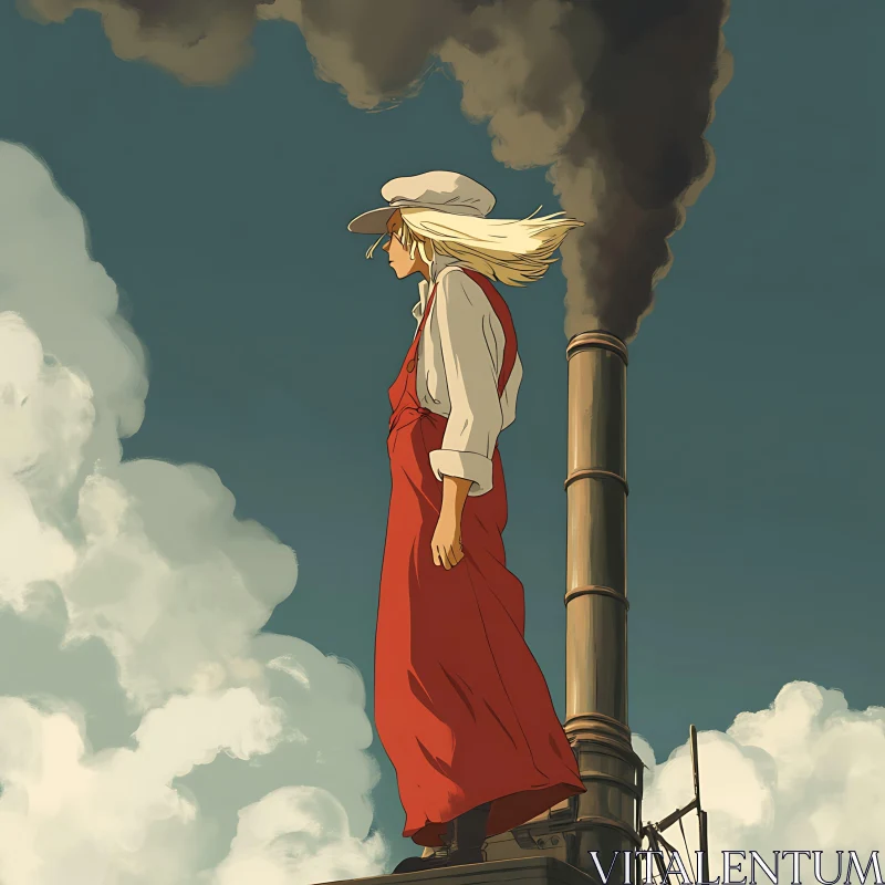 Anime Figure in Red Dress with Smoke and Clouds AI Image