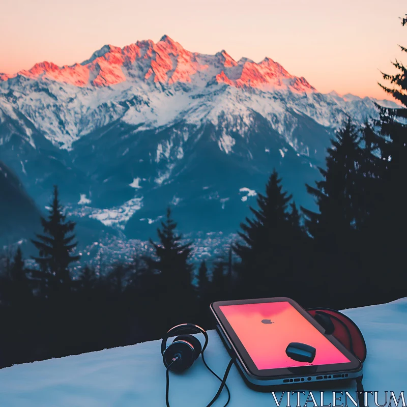 Alpine Dawn with Phone and Headphones AI Image