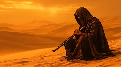 Monk Playing Flute in the Desert