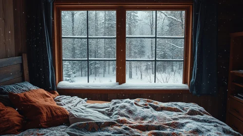 Warm Interior of a Cabin Overlooking Winter Woods