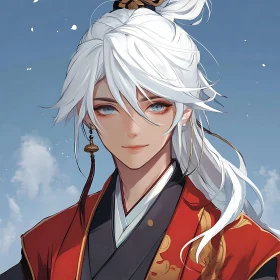 Regal Anime Character with White Hair and Ornate Robe