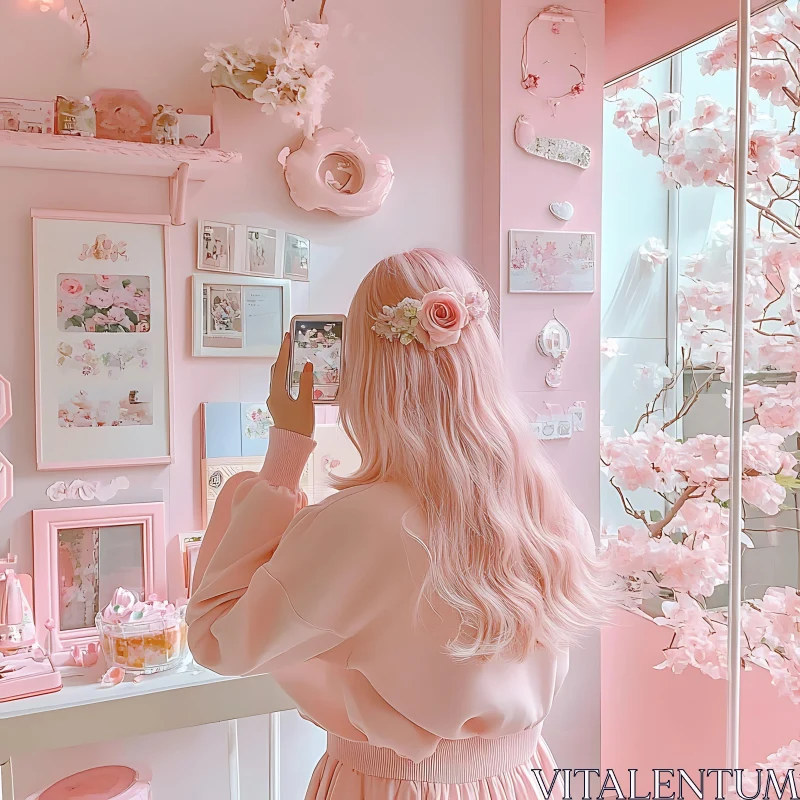 Woman Capturing Pastel Pink Room Decor AI Image