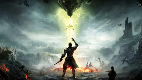 Fantasy Warrior Facing Dragon with Sword