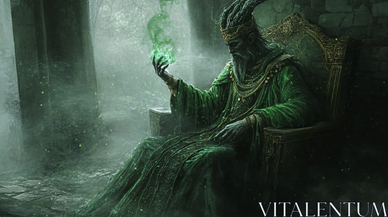 Green Wizard on Throne Holding Magic AI Image