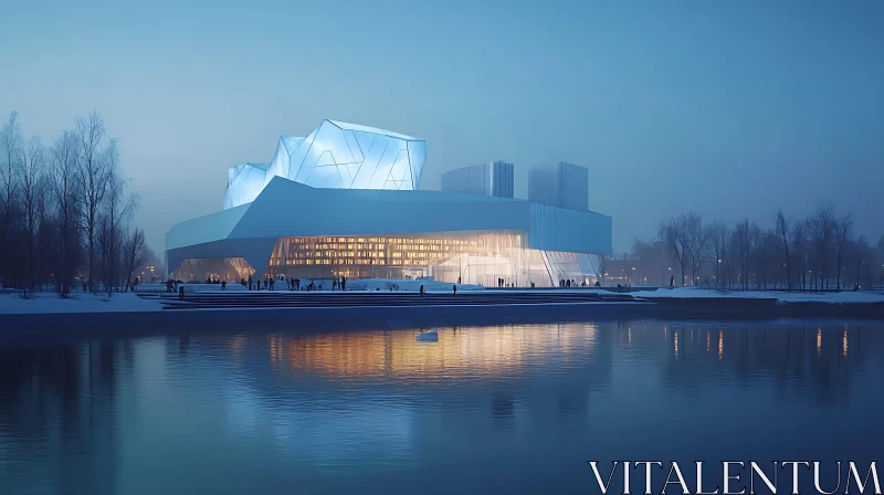 Futuristic Building by the Water at Night AI Image