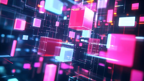 Floating Neon Cubes with Glowing Lines