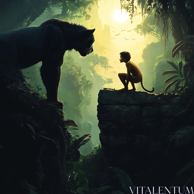 Black Panther and Child in Jungle Scene AI Image