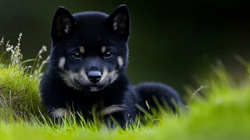 Black Shiba Inu Puppy in Green Grass