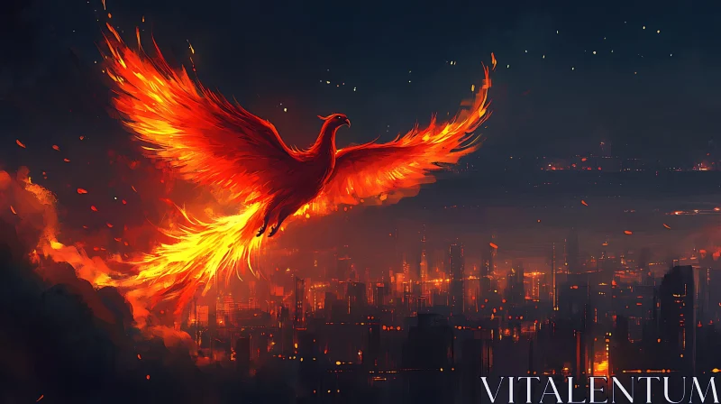 Fiery Phoenix Flight Over Urban Landscape AI Image