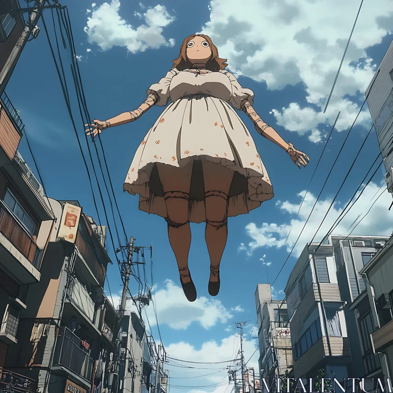 Floating Anime Girl in Cityscape AI Image