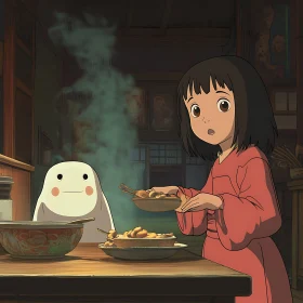 Young Girl with Animated Companion in Traditional Setting