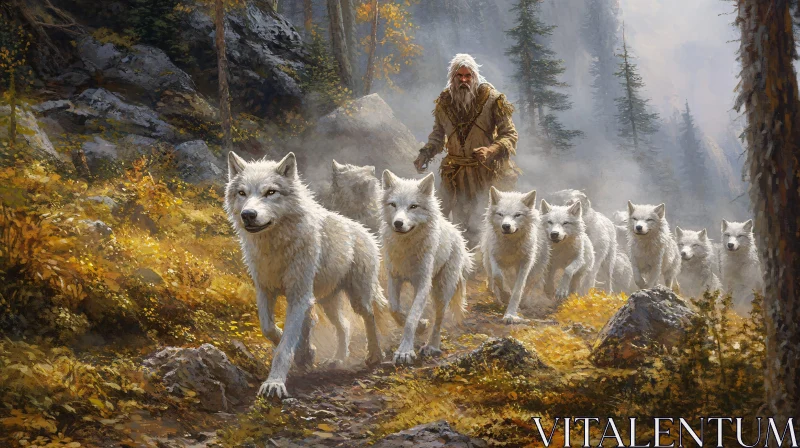 AI ART White Wolves Led Through Forest